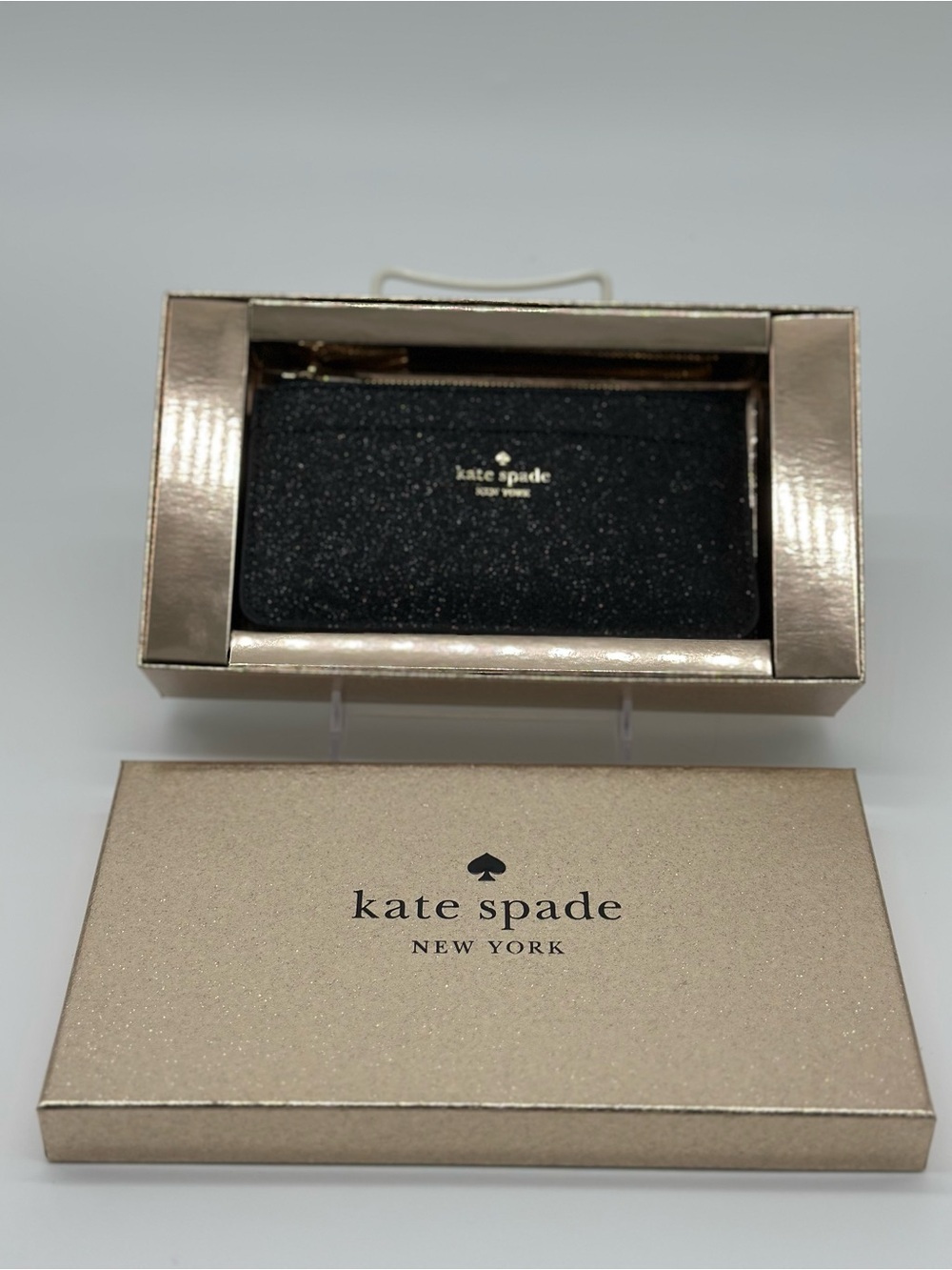 kate spade Gold Glitter Wristlet with Subtle Black Label